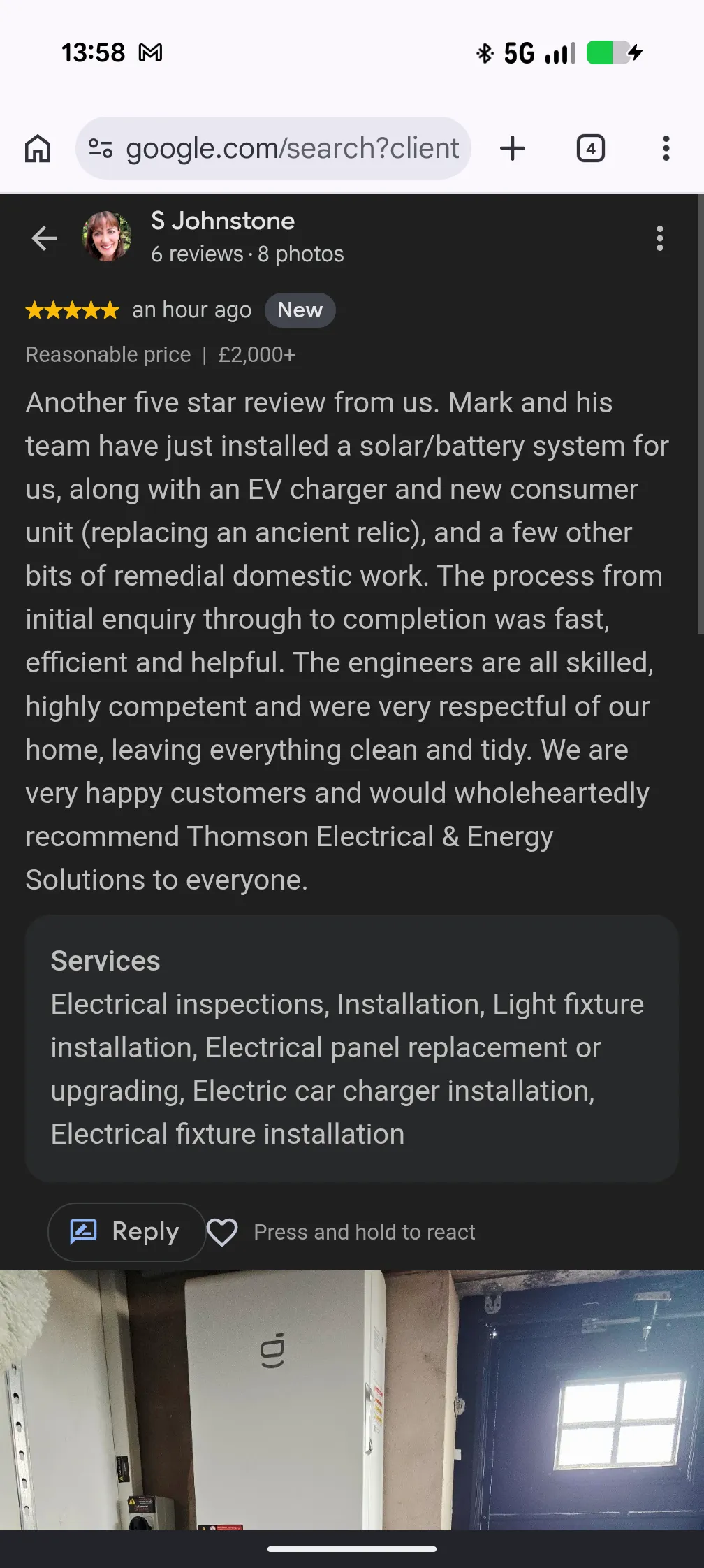 S. Johnstone Google review screenshot for Thomson Electrical & Energy Solutions Ltd, mentioning solar, battery, EV charger and consumer unit installation